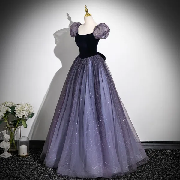 Elegant Purple Sequins Prom Dresses 2025 A-Line / Princess Square Neckline Puffy Short Sleeve Backless Bow Floor-Length / Long Formal Dresses