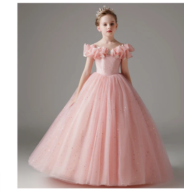 Chic / Beautiful Blushing Pink Sequins Flower Girl Dresses 2023 Ball Gown Off-The-Shoulder Short Sleeve Floor-Length / Long Prom