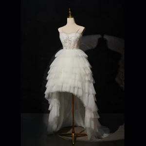 Charming White Beading Sequins Cascading Ruffles Asymmetrical Beach Wedding Dresses 2024 Ball Gown Spaghetti Straps Sleeveless Backless Wedding