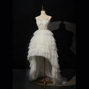 Charming White Beading Sequins Cascading Ruffles Asymmetrical Beach Wedding Dresses 2024 Ball Gown Spaghetti Straps Sleeveless Backless Wedding