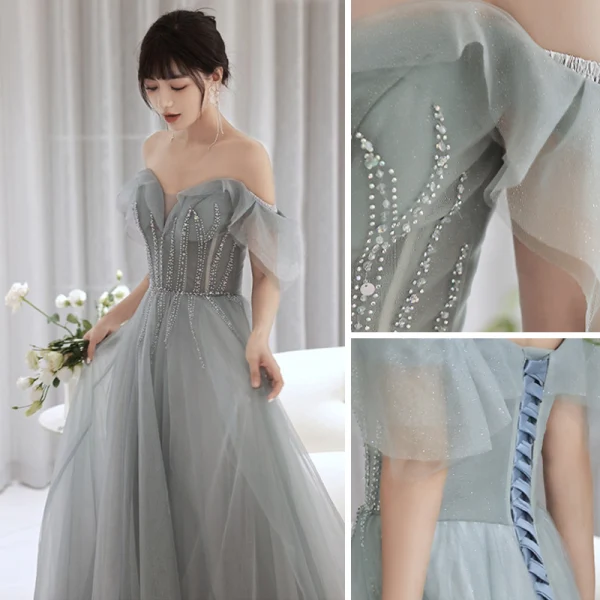 Schlicht Grau Ballkleider 2022 A Linie Off Shoulder Ärmellos Rückenfreies Perlenstickerei Strass Pailletten Lange Ball Festliche Kleider