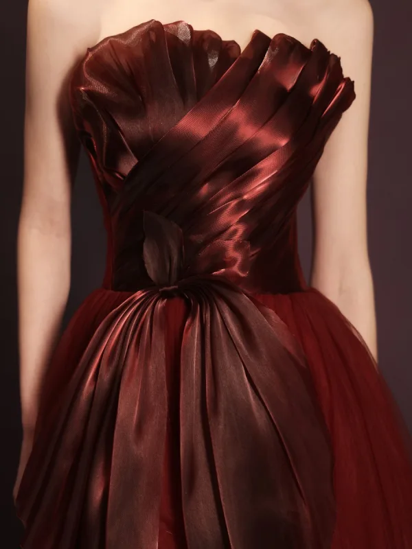 Charming Burgundy Bow Prom Dresses 2023 A-Line / Princess Strapless Sleeveless Backless Floor-Length / Long Prom Formal Dresses