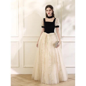 Bling Bling Noire Paillettes Robe De Bal 2024 Princesse Encolure Carrée Manches Courtes Dos Nu Longue Promo Robe De Ceremonie