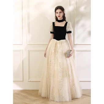 Bling Bling Noire Paillettes Robe De Bal 2024 Princesse Encolure Carrée Manches Courtes Dos Nu Longue Promo Robe De Ceremonie