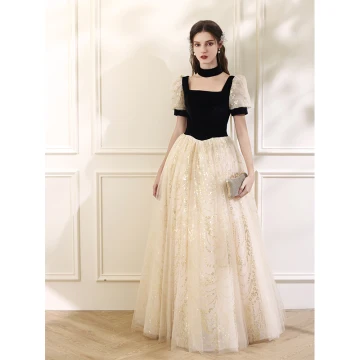 Bling Bling Black Sequins Prom Dresses 2024 A Line Princess Square Neckline Short Sleeve Backless Floor Length Long Prom Formal Dresses
