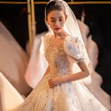 Luxury Gorgeous Charming Beading Rhinestone Sequins White Wedding Dresses 2023 Ball Gown Scoop Neck Short Sleeve Backless Bow Royal Train Wedding
