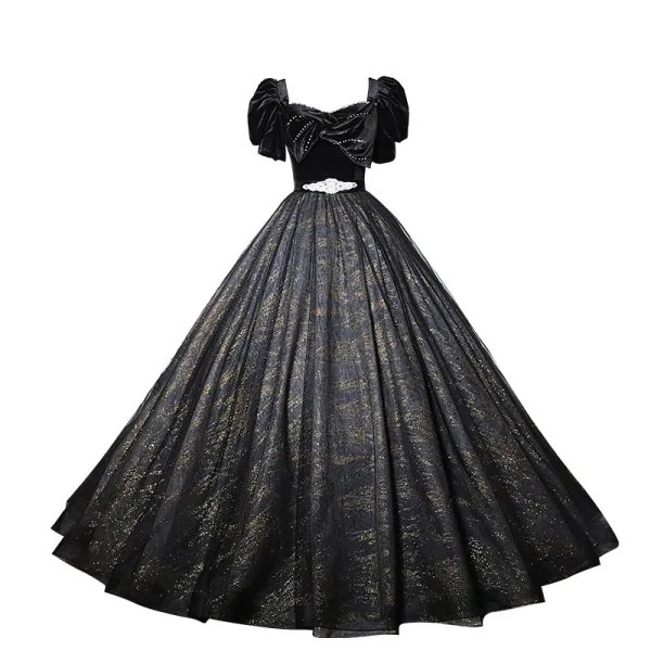 Élégant Noire Glitter Robe De Bal 2023 Robe Boule Encolure Carrée Faux Diamant Manches Courtes Dos Nu Noeud Longue Promo Robe De Ceremonie