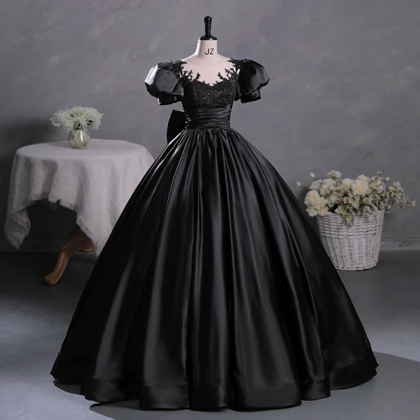 Vintage Schwarz Perlenstickerei Spitze Blumen Satin Ballkleider 2023 Ballkleid Rundhalsausschnitt Kurze Ärmel Schleife Lange Ball Festliche Kleider