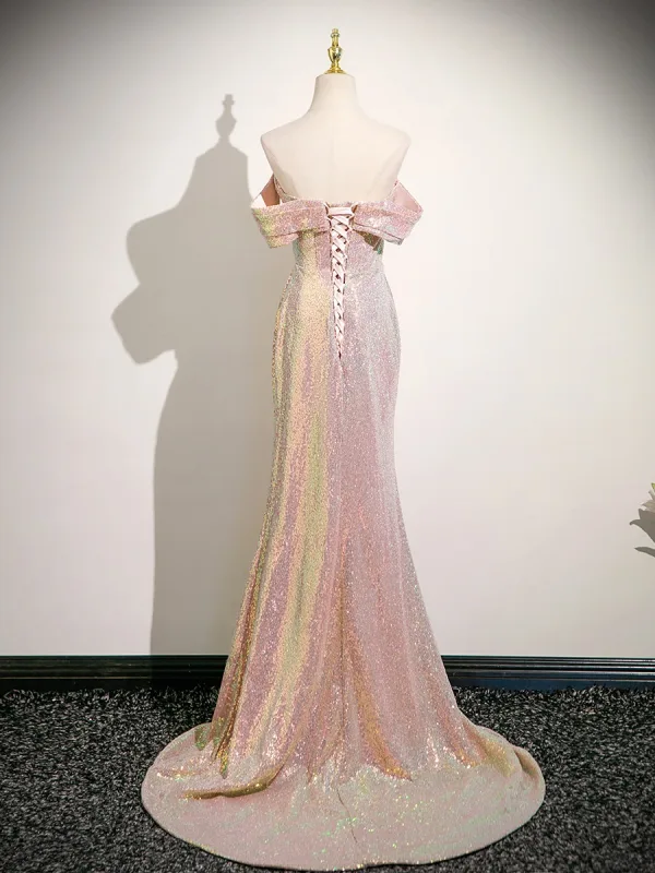 Glitzernden Sexy Rosa Pailletten Ballkleider 2025 Meerjungfrau Off Shoulder Kurze Ärmel Rückenfreies Sweep / Pinsel Zug Festliche Kleider