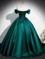 Vintage / Retro Dark Green Rhinestone Satin Prom Dresses 2025 Ball Gown Off-The-Shoulder Short Sleeve Backless Floor-Length / Long Prom Formal Dresses