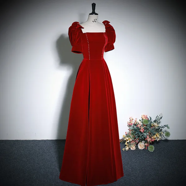 Elegant Burgundy Velvet A-Line / Princess Prom Dresses 2023 Square Neckline Short Sleeve Backless Floor-Length / Long Prom Formal Dresses