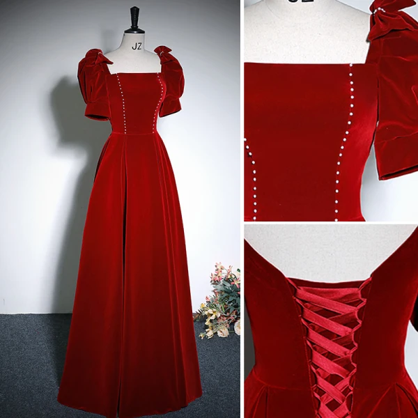 Elegant Burgundy Velvet A-Line / Princess Prom Dresses 2023 Square Neckline Short Sleeve Backless Floor-Length / Long Prom Formal Dresses
