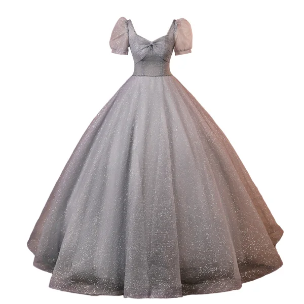 Élégant Gris Paillettes Robe De Bal Gonflée 2023 Robe Boule Encolure Carrée Manches Courtes Dos Nu Longue Promo Robe De Ceremonie