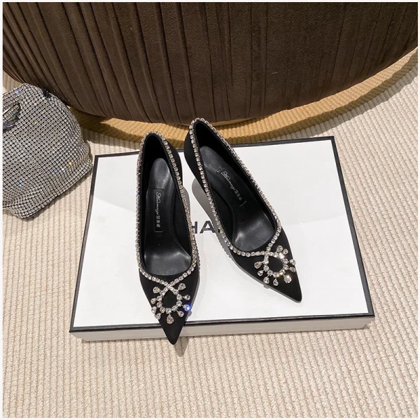 Fashion Burgundy Evening Party Rhinestone Pumps 2023 Leather Suede 8 cm Stiletto Heels Pointed Toe Pumps High Heels