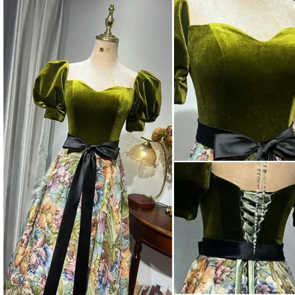 Elegant Clover Green Satin Printing Prom Dresses 2022 A-Line / Princess Square Neckline Puffy Short Sleeve Backless Pearl Sash Bow Floor-Length / Long Formal Dresses