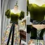 Elegant Clover Green Satin Printing Prom Dresses 2022 A-Line / Princess Square Neckline Puffy Short Sleeve Backless Pearl Sash Bow Floor-Length / Long Formal Dresses