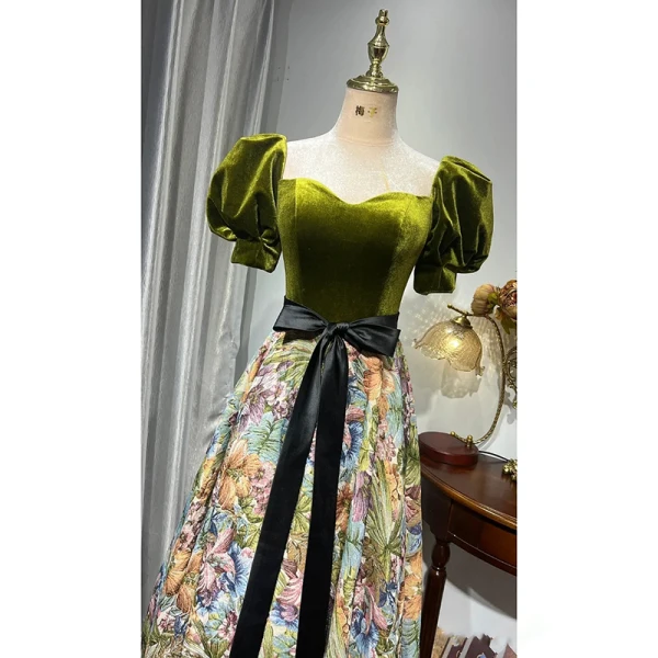 Elegant Clover Green Satin Printing Prom Dresses 2022 A-Line / Princess Square Neckline Puffy Short Sleeve Backless Pearl Sash Bow Floor-Length / Long Formal Dresses