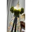 Elegant Clover Green Satin Printing Prom Dresses 2022 A-Line / Princess Square Neckline Puffy Short Sleeve Backless Pearl Sash Bow Floor-Length / Long Formal Dresses