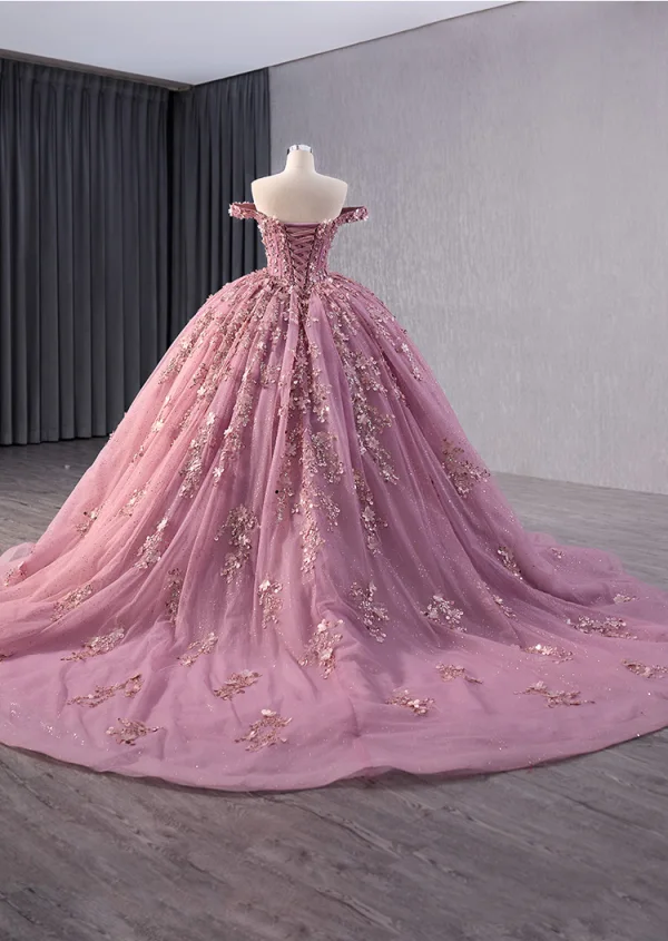 High-end Candy Pink Handmade  Beading Appliques Pearl Sequins Prom Dresses 2024 Ball Gown Off-The-Shoulder Sleeveless Backless Court Train Prom Formal Dresses
