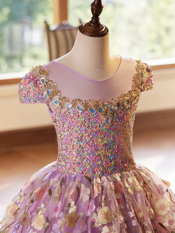 Flower Fairy Lavender Lace Flower Birthday Flower Girl Dresses 2024 Ball Gown Scoop Neck Cap Sleeves Backless Floor-Length / Long
