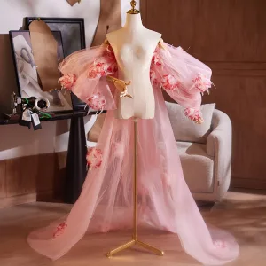 Chic Beautiful Blushing Pink Handmade Appliques Short Sleeve Prom Shawl 2025