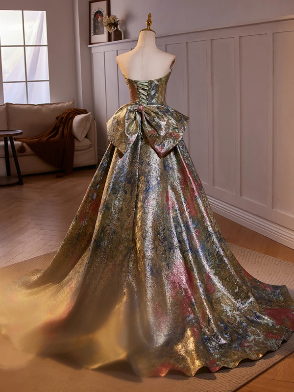 Vintage / Retro Multi-Colors Printing Prom Dresses 2024 A-Line / Princess Strapless Sleeveless Backless Bow Sweep Train Prom Formal Dresses