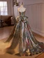 Vintage / Retro Multi-Colors Printing Prom Dresses 2024 A-Line / Princess Strapless Sleeveless Backless Bow Sweep Train Prom Formal Dresses
