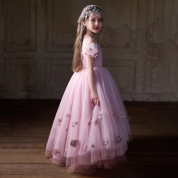Chic / Beautiful Blushing Pink Appliques Birthday Flower Girl Dresses 2025 A-Line / Princess Scoop Neck Short Sleeve Floor-Length / Long