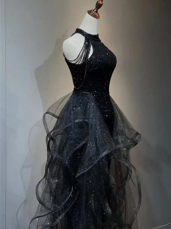Charming Black Beading Tassel Sequins Cascading Ruffles Evening Dresses 2023 Trumpet / Mermaid Scoop Neck Sleeveless Evening Party Floor-Length / Long Formal Dresses