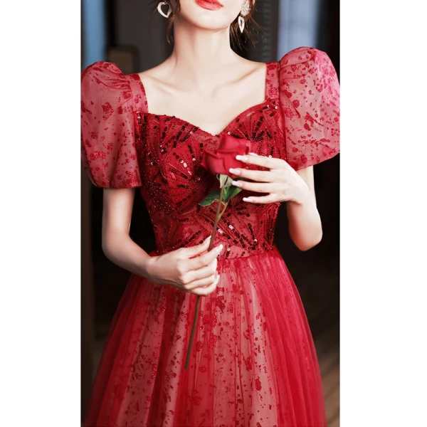 Chic / Belle Bordeaux Paillettes Robe De Soirée 2022 Princesse Encolure Carrée Gonflée Manches Courtes Dos Nu Longue Soirée Robe De Ceremonie