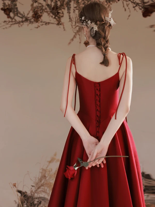 Modern / Fashion Burgundy Satin Evening Dresses 2023 A-Line / Princess Spaghetti Straps Bow Sleeveless Backless Floor-Length / Long Evening Party Formal Dresses