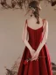 Modern / Fashion Burgundy Satin Evening Dresses 2023 A-Line / Princess Spaghetti Straps Bow Sleeveless Backless Floor-Length / Long Evening Party Formal Dresses