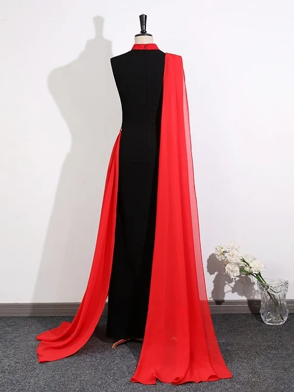 Chinese style Black Lace Flower Evening Party Cheongsam 2025 Trumpet / Mermaid High Neck Sleeveless Floor-Length / Long