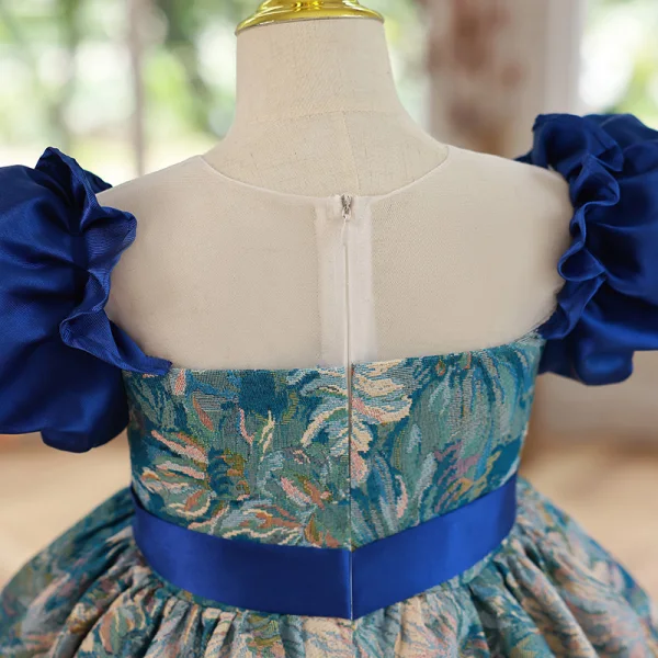Vintage / Retro Royal Blue Birthday Embroidered Flower Girl Dresses 2022 A-Line / Princess Scoop Neck Puffy Short Sleeve Sash Floor-Length / Long Flower Girl Dresses