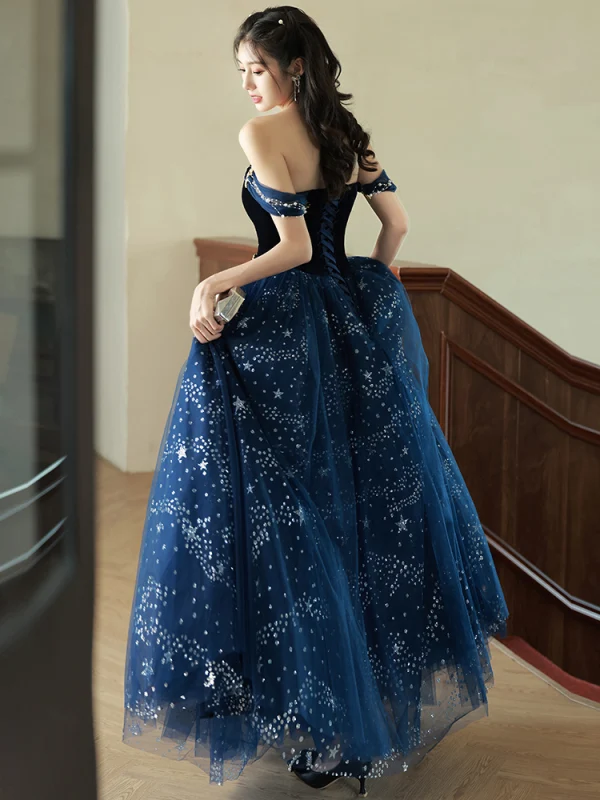 Charming Black Gold Beading Pearl Sequins Prom Dresses 2024 Ball Gown Off-The-Shoulder Short Sleeve Backless Floor-Length / Long Prom Formal Dresses