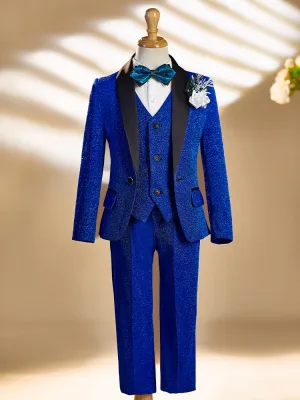 Tomber Hiver Glitter Bleu Roi Manches Longues Costume Garçon Mariage 2025 Bijoux De Corps Manteau Pantalon Chemise Cravate Gilet