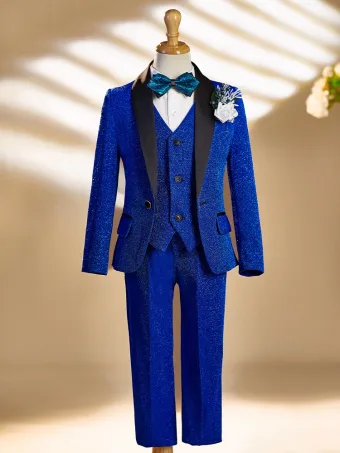 Fall Winter Glitter Royal Blue Long Sleeve Boys Wedding Suits 2025 Body Jewellery Coat Pants Shirt Tie Vest