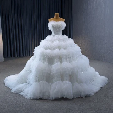 Luxe Blanche Perlage Paillettes Volants En Cascade Robe De Mariée 2023 Robe Boule Bustier Sans Manches Dos Nu Train De Balayage Mariage