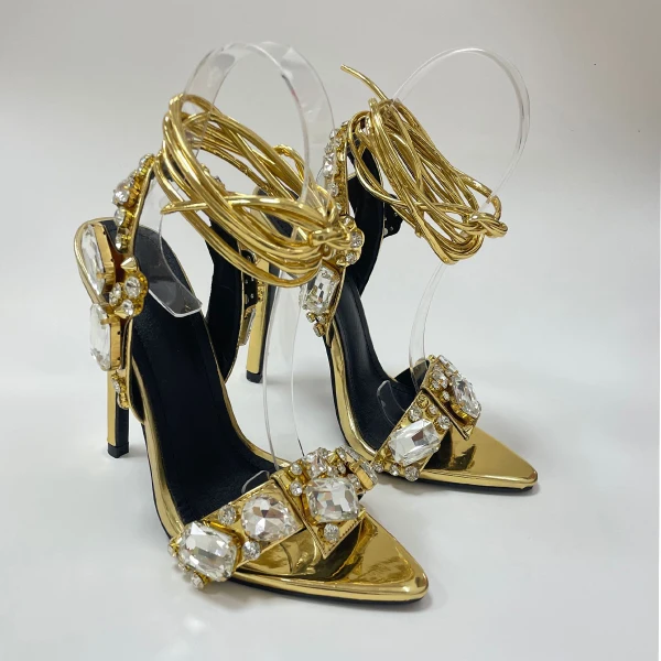 Sexy Gold Rhinestone Evening Party Womens Sandals 2022 Ankle Strap 11 cm Stiletto Heels Open / Peep Toe Sandals High Heels