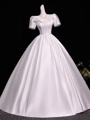 Vintage Retro Ivory Pearl Appliques Prom Dresses 2026 Ball Gown Scoop Neck Short Sleeve Backless Floor Length Long Formal Dresses