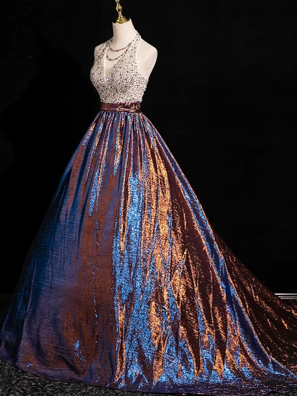 Charming Coffee Glitter Rhinestone Sequins Prom Dresses 2024 Ball Gown Halter Sleeveless Backless Floor-Length / Long Prom Formal Dresses