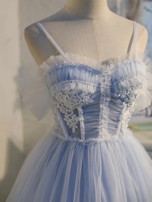 Chic / Belle Bleu Ciel Volants Perle En Dentelle Fleur Anniversaire Robe De Fête 2022 Princesse Bretelles Spaghetti Sans Manches Dos Nu Noeud Longue Cocktail Robe De Ceremonie