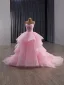 High-end Sukkertøyrosa Håndlaget Beading Gripende Ruffles Ballkjoler 2025 Ballkjole Kjæreste Langermede Ryggløse Cathedral Train Formelle Kjoler