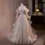 Schöne Weiß Spitze Blumen Brautkleider / Hochzeitskleider 2024 A Linie Spaghettiträger 3/4 Ärmel Rückenfreies Sweep / Pinsel Zug Hochzeit