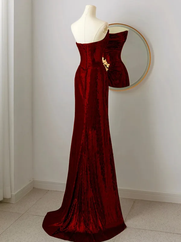 Sparkly Burgundy Sequins Evening Dresses 2024 Trumpet / Mermaid Strapless Sleeveless Backless Evening Party Floor-Length / Long Formal Dresses