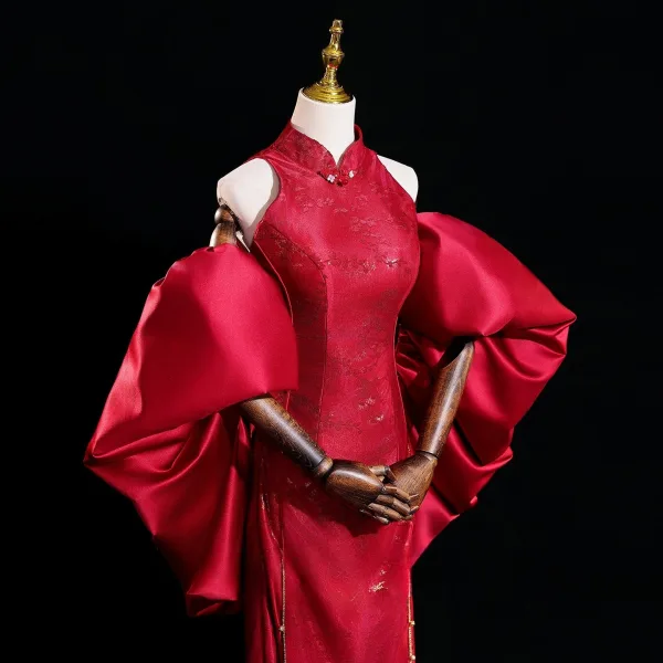 Chinese style Burgundy Printing Evening Party Cheongsam 2025 Trumpet / Mermaid High Neck Sleeveless Backless Floor-Length / Long