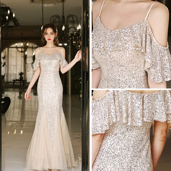 Scintillantes Sexy Champagne Paillettes Robe De Soirée 2022 Trompette / Sirène Bretelles Spaghetti Manches Courtes Dos Nu Longue Soirée Robe De Ceremonie