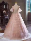 Haut de Gamme Rougissant Rose Perlage Perle Faux Diamant Volants en Cascade Robe De Bal 2024 Robe Boule De l'épaule Sans Manches Dos Nu Longue Promo Robe De Ceremonie