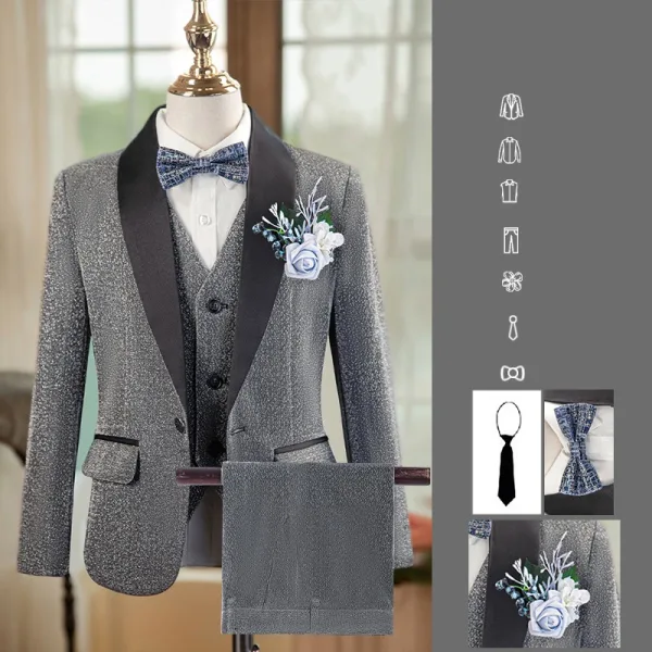 Grey 6-piece Long Sleeve Wedding Boys Wedding Suits 2024 Body Jewellery Coat Pants Shirt Tie Vest