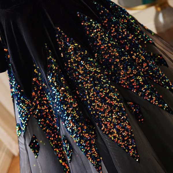 Chic / Beautiful Black Sequins Prom Dresses 2023 A-Line / Princess Off-The-Shoulder 3/4 Sleeve Backless Floor-Length / Long Formal Dresses